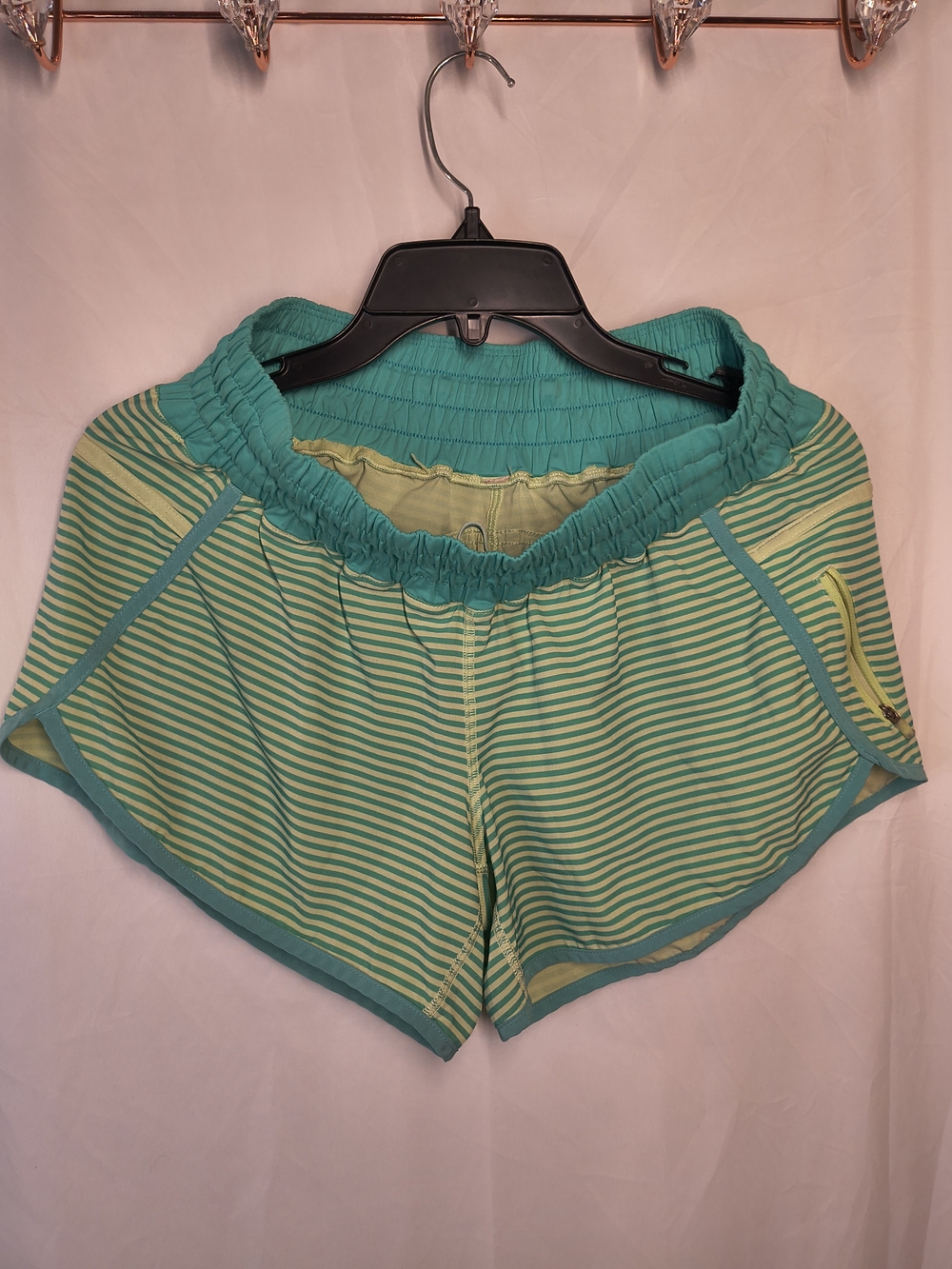 Lululemon Tracker Short II athletic shorts in a green and yellow striped - Picture 4 of 5